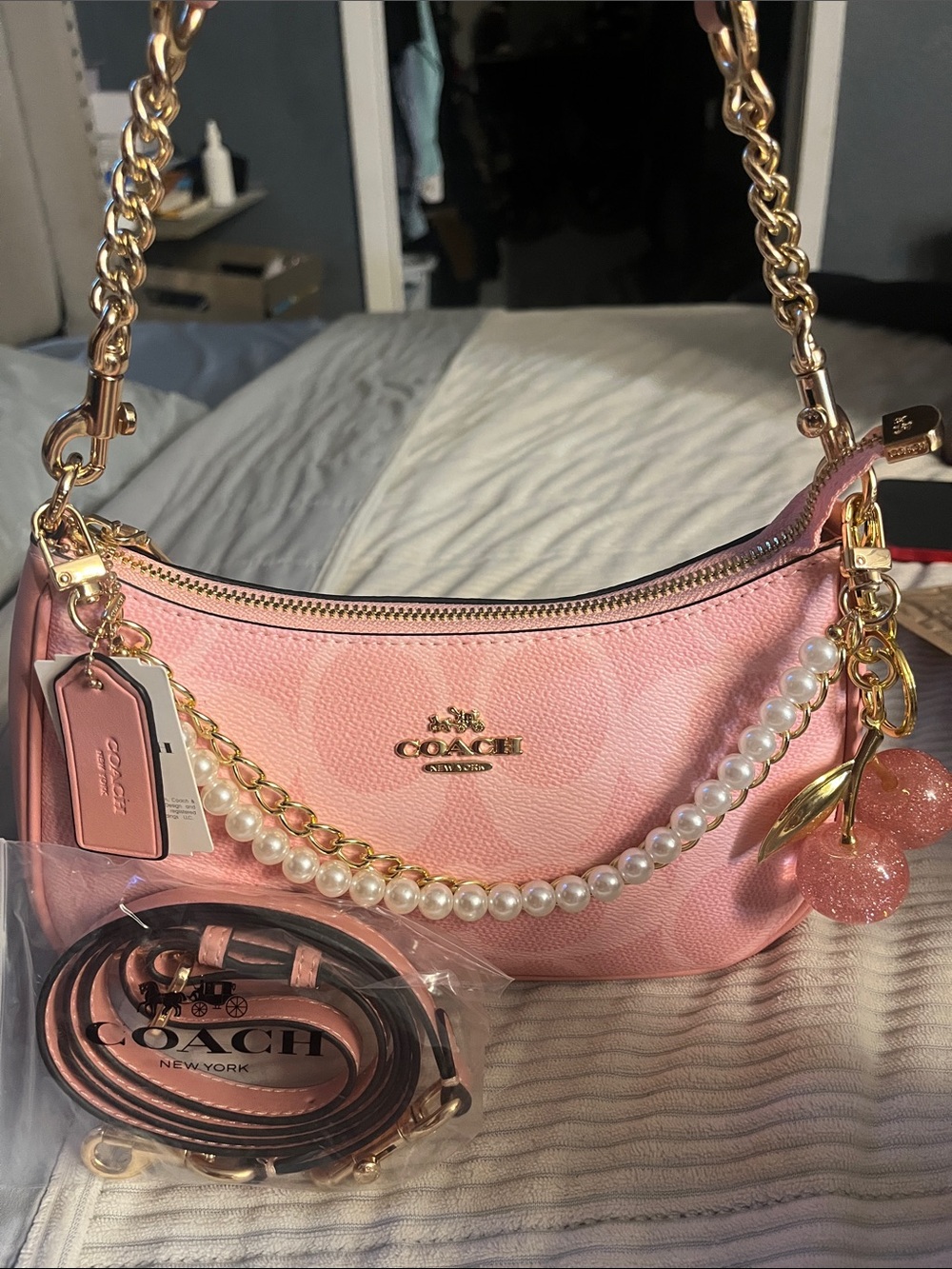 Coach Pink Pearl-Trim Leather Shoulder Bag with Gold Hardware